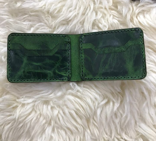 Handmade Men's Green Cowhide Leather Bifold Wallet – Premium Slim Distressed Leather Card Holder