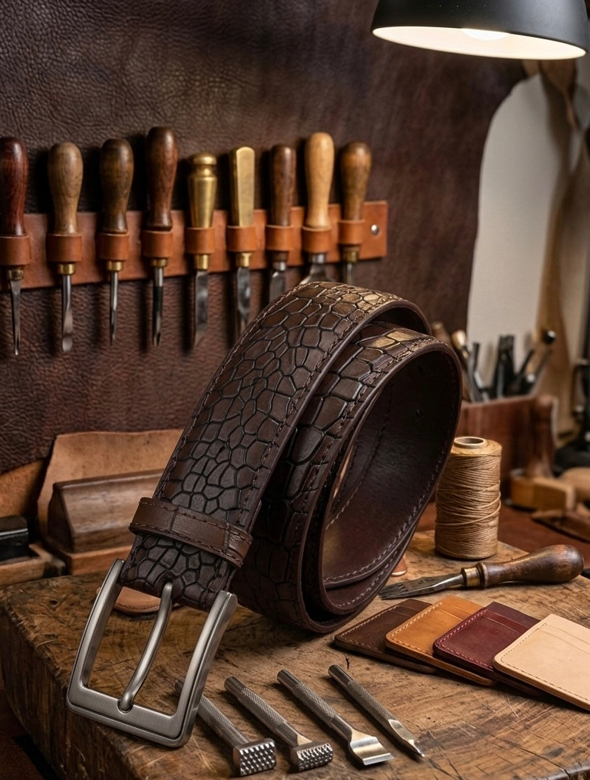 Atozen Premium Crocodile-Embossed Leather Belt for Men | Genuine Brown Leather