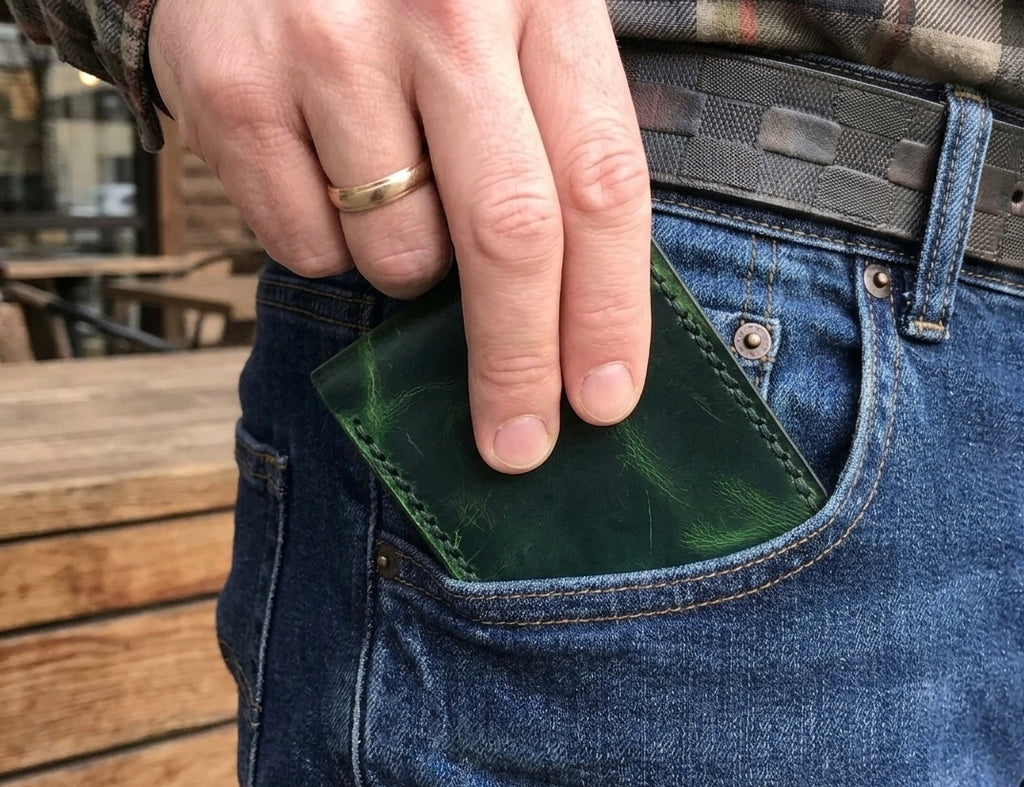 Handmade Men's Green Cowhide Leather Bifold Wallet – Premium Slim Distressed Leather Card Holder